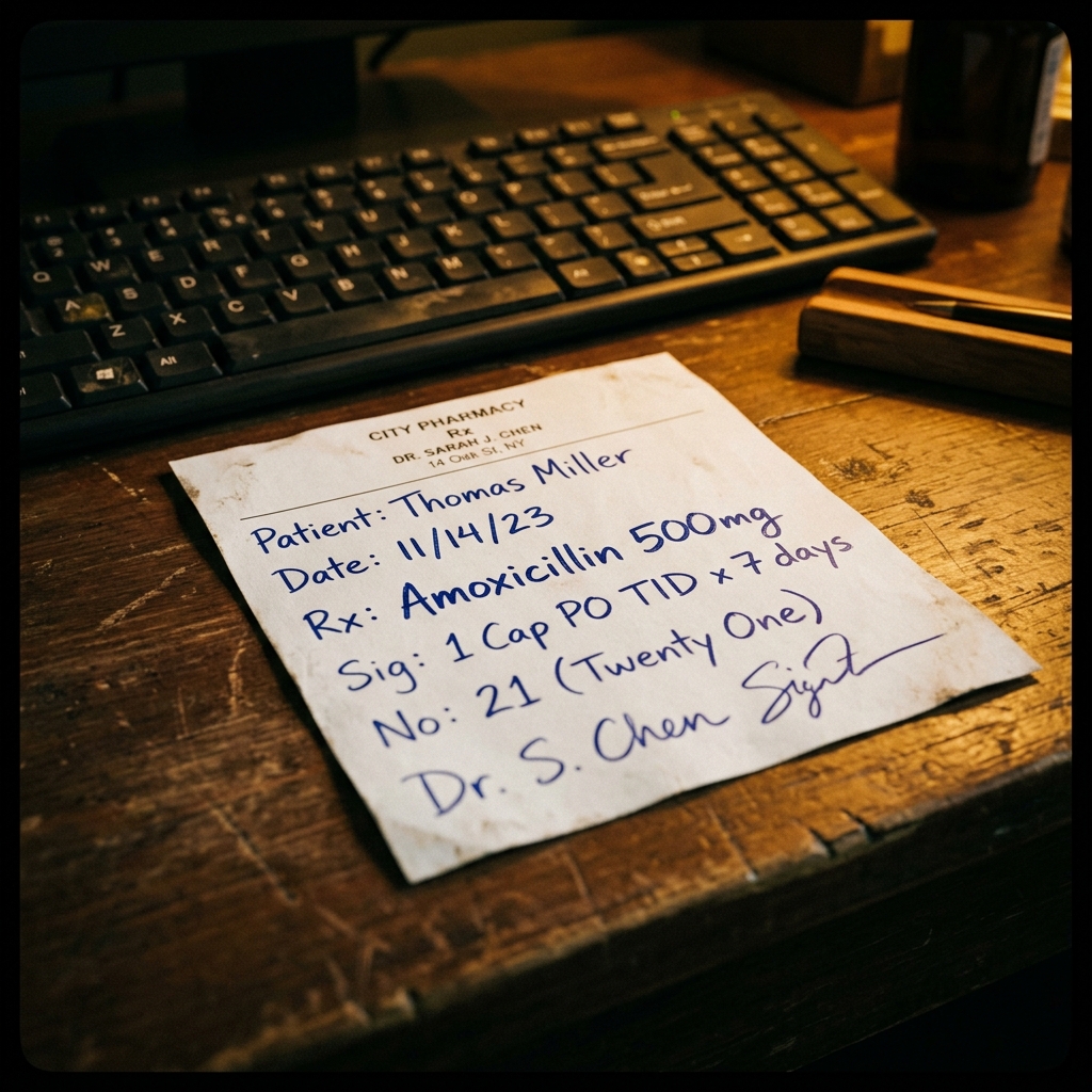 Handwritten prescription on a pharmacy counter with keyboard in soft focus