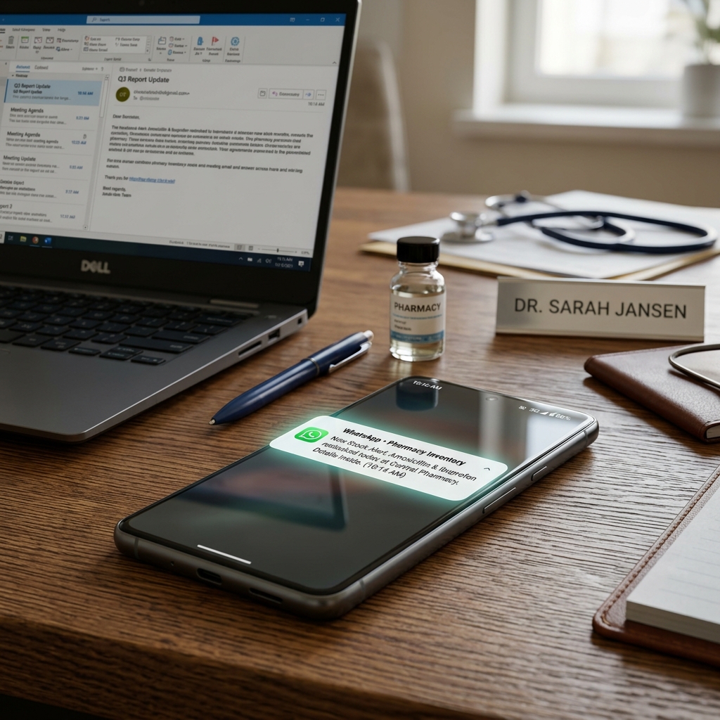A smartphone showing a WhatsApp expiry alert next to a laptop with an unopened email report