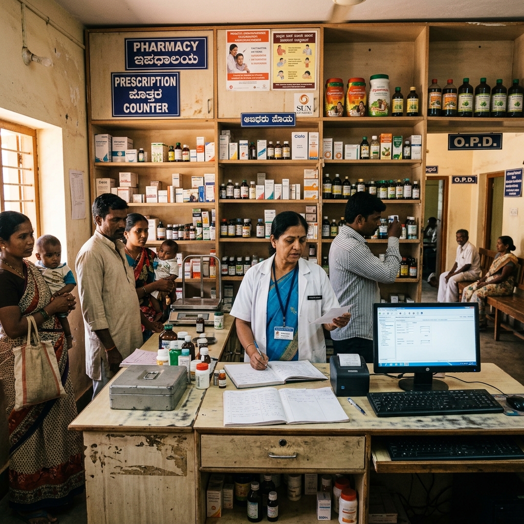 A busy independent pharmacy counter in a small regional Indian clinic