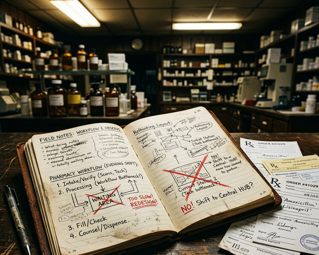 A notebook on a pharmacy counter detailing field notes and workflow sketches