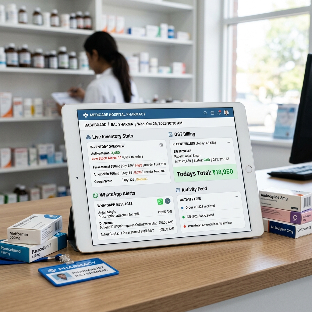A modern user interface dashboard for a hospital pharmacy software on a tablet on a pharmacy counter