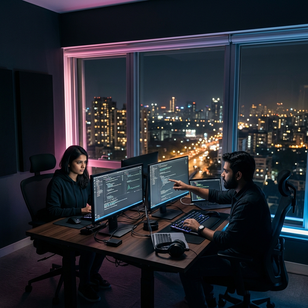 Two co-founders coding in a dark studio overlooking a glowing Indian city
